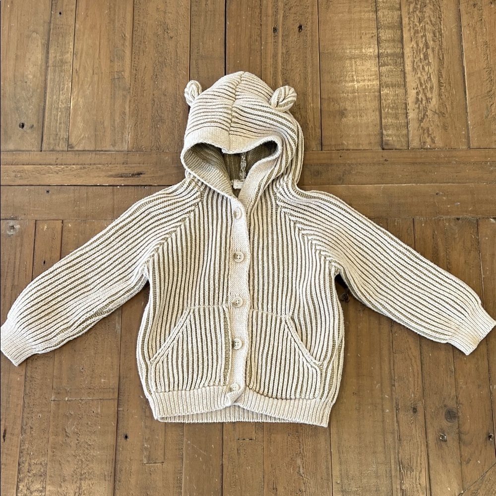 Jamie Kay Beige Olive Knit Kids Bear wear hooded sweater 6-12 months